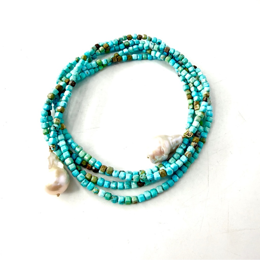 Turquoise Beaded Lariat Necklace with Baroque Pearl Drops - Picture 4 of 6